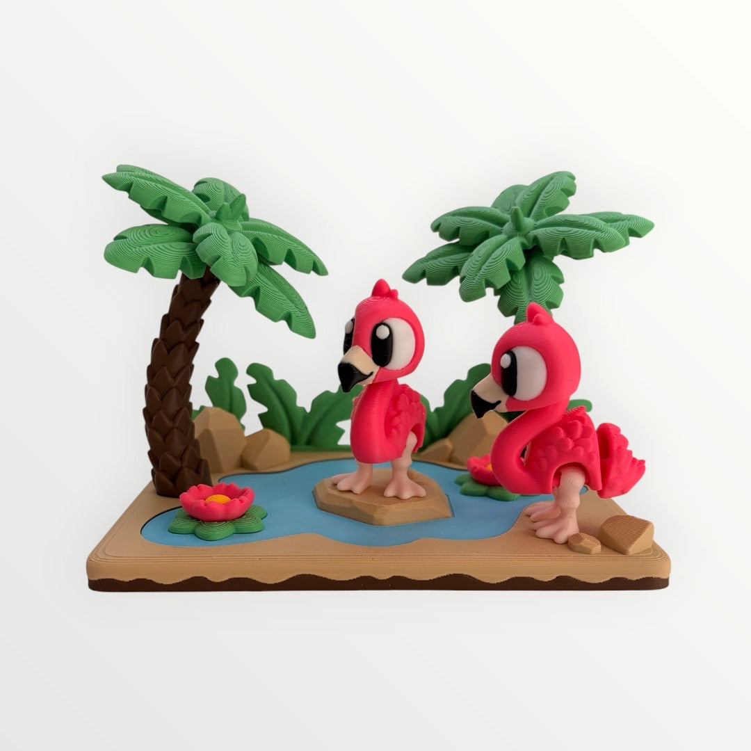 Mini habitat de flamencos impreso en 3D vista frontal
